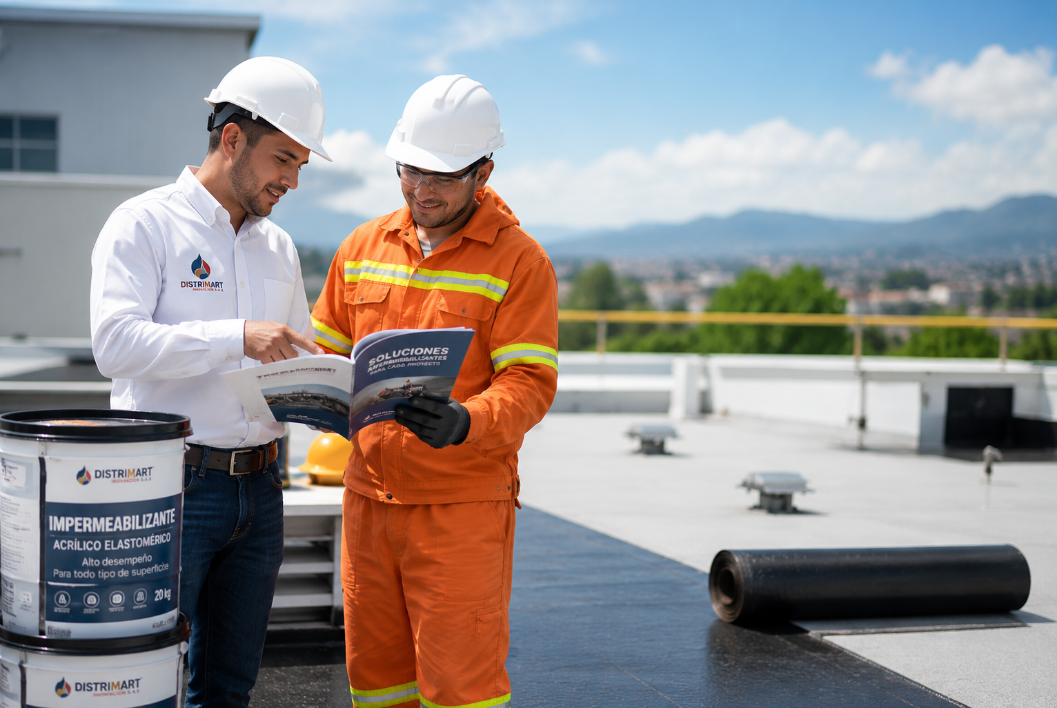 Operario de construcción aplicando producto impermeable